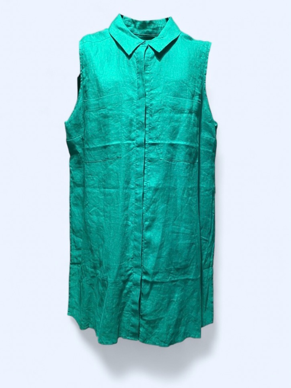Chico's cyan linen long button up sleeveless top w/ side slits, size 3